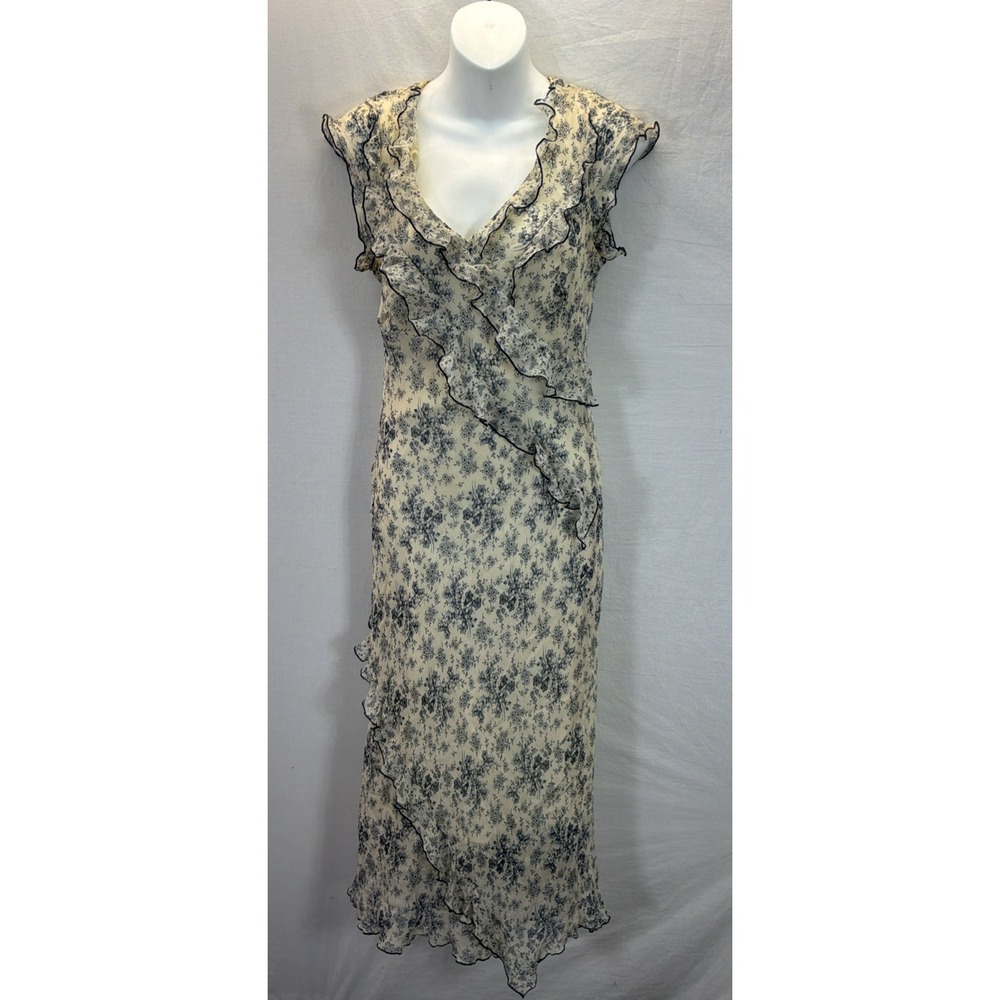 VTG Y2K 100% Silk Robbie Bee Blue Floral Dress 14 Sheer Romance Ruffle Fairy